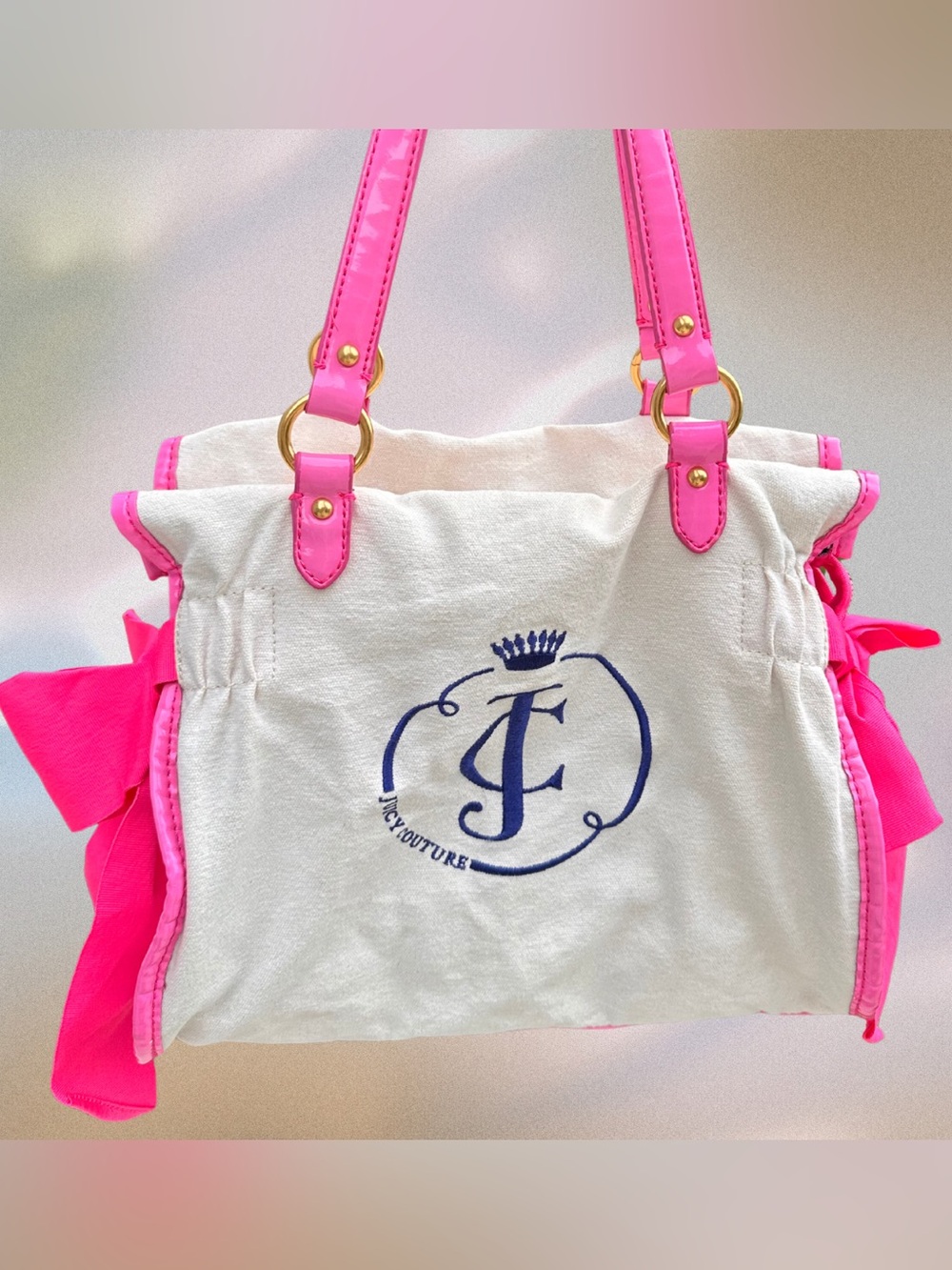 Juicy Couture Pink and Cream Canvas Tote with Navy Logo